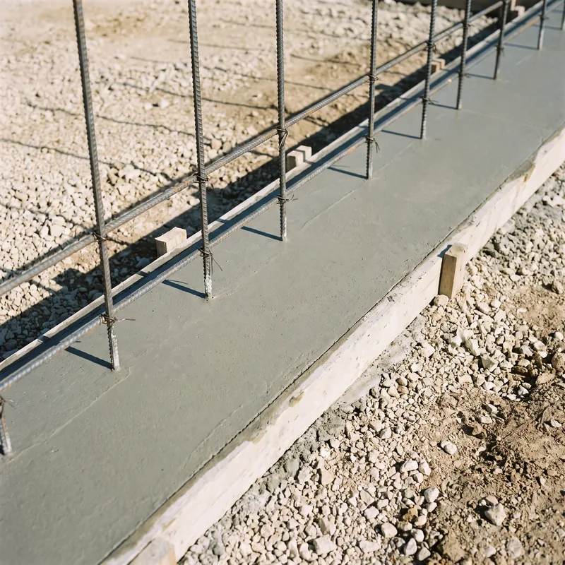 Rendered close-up of reinforcing steel and a concrete foundation edge