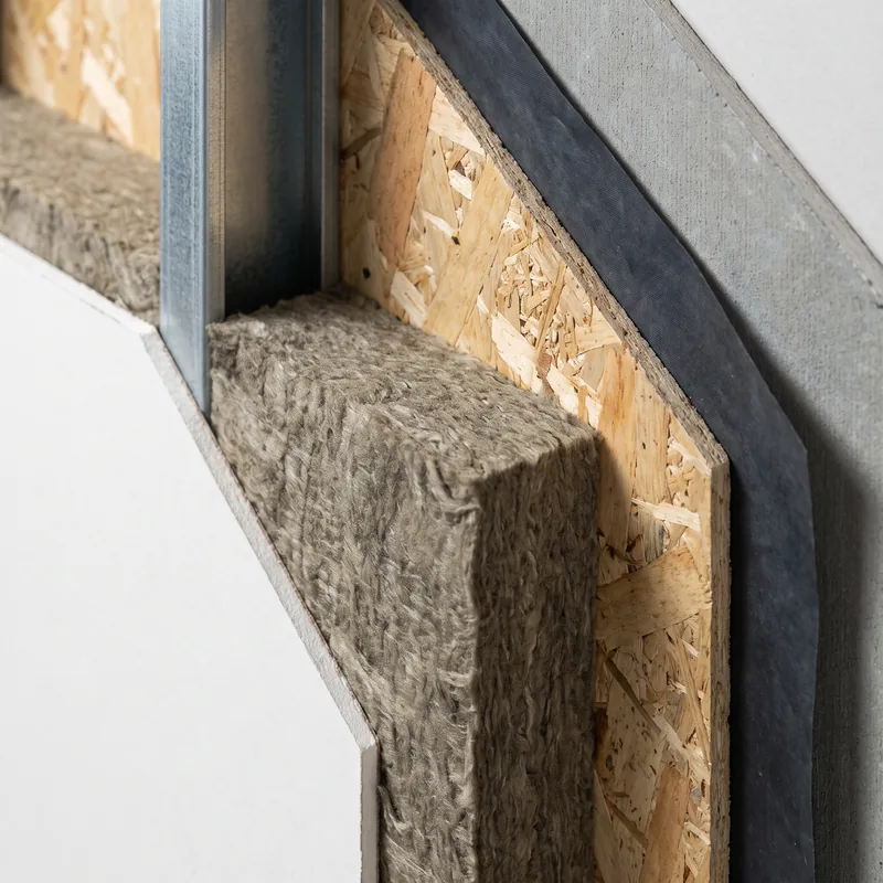 Rendered cutaway of boards, membranes, steel framing and mineral wool insulation