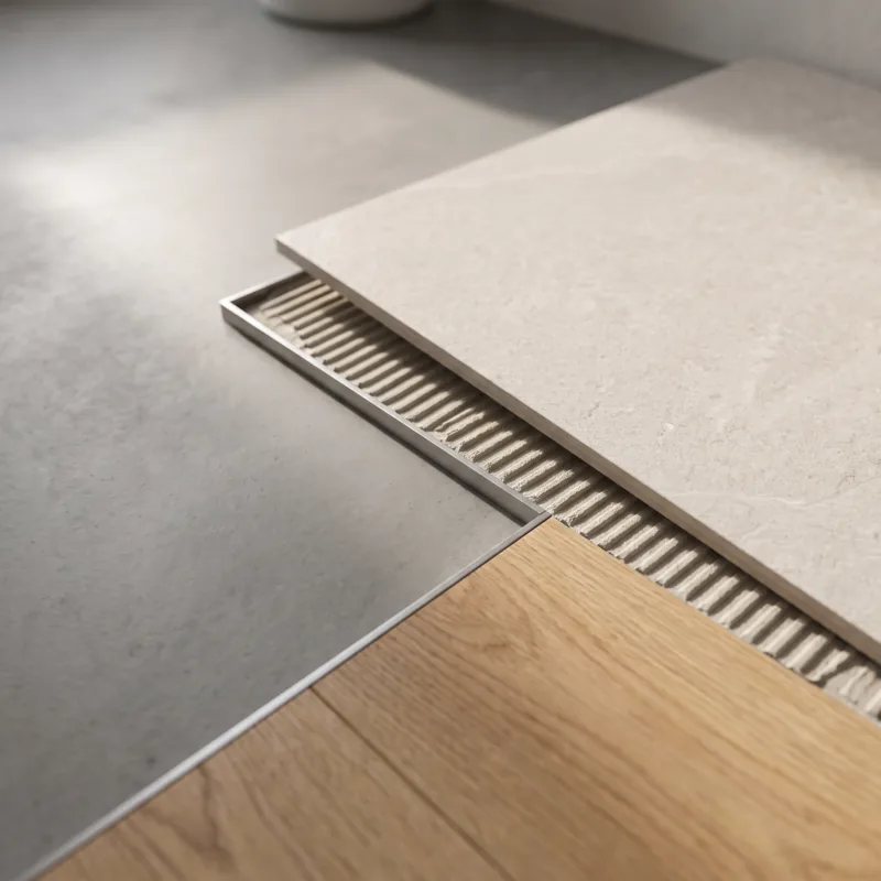 Rendered close-up of tile and timber floor finishes meeting over a prepared base