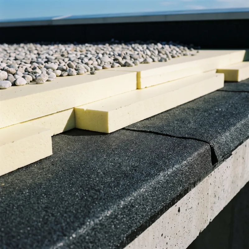Rendered roof build-up with membrane, insulation and gravel ballast