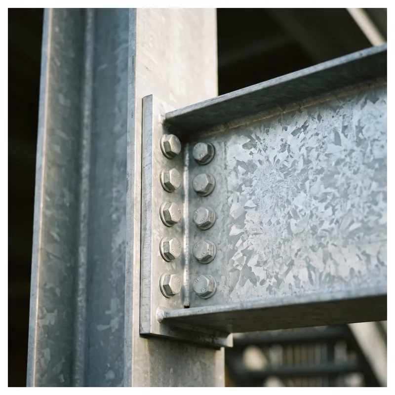 Rendered close-up of a bolted galvanized steel connection