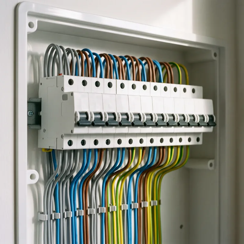 Rendered electrical distribution board with neatly arranged wiring