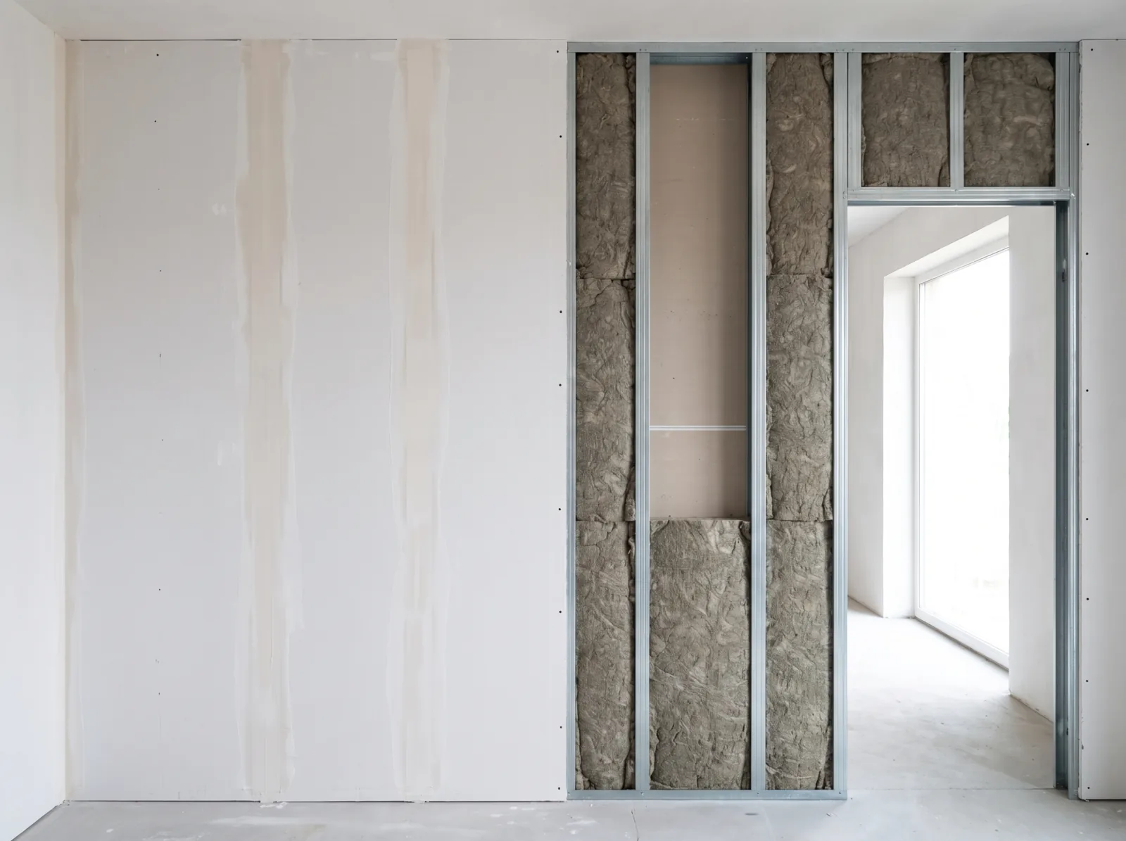 An interior partition wall part boarded and part open, showing steel studs and rock wool insulation (visualisation)