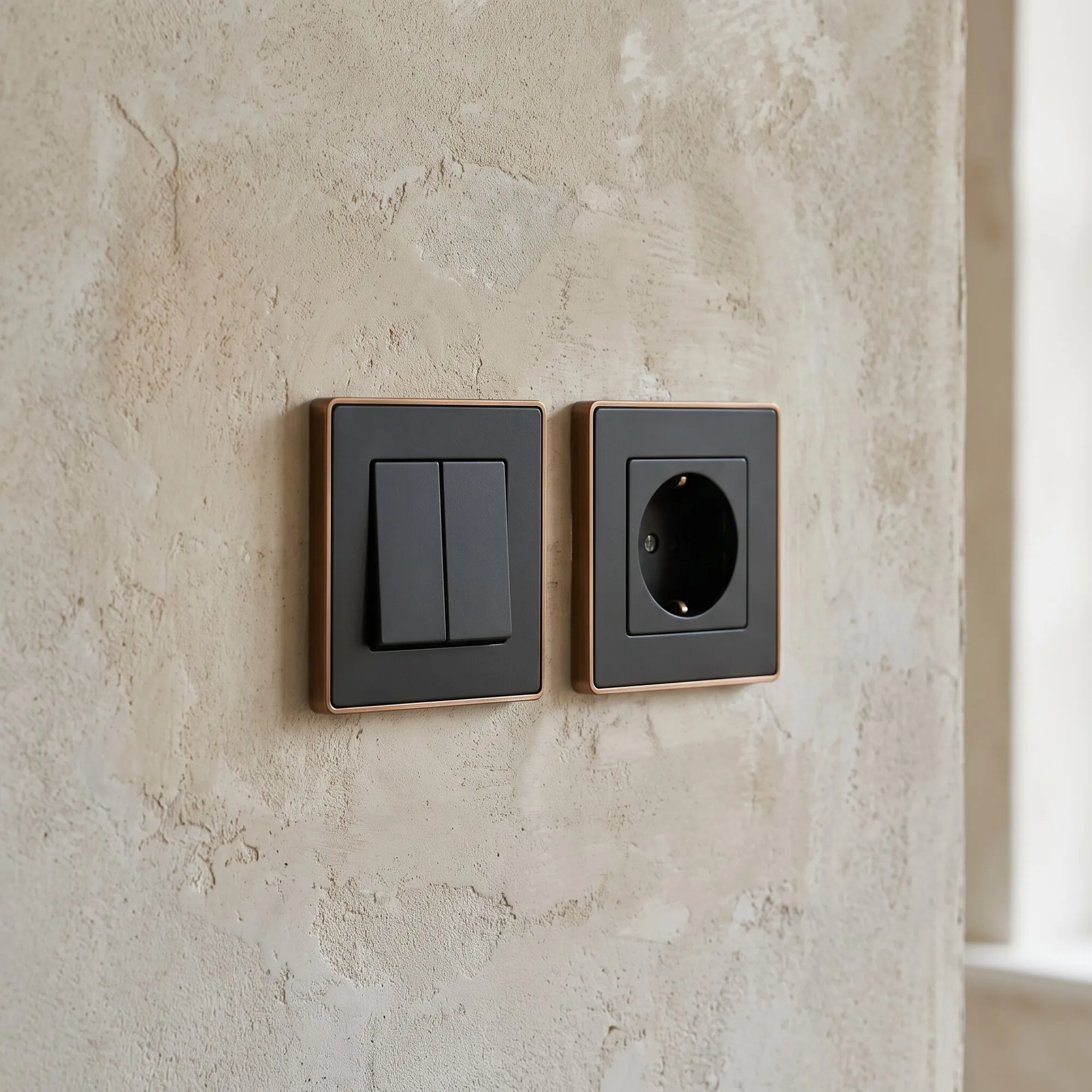 Switch and socket on a plaster wall