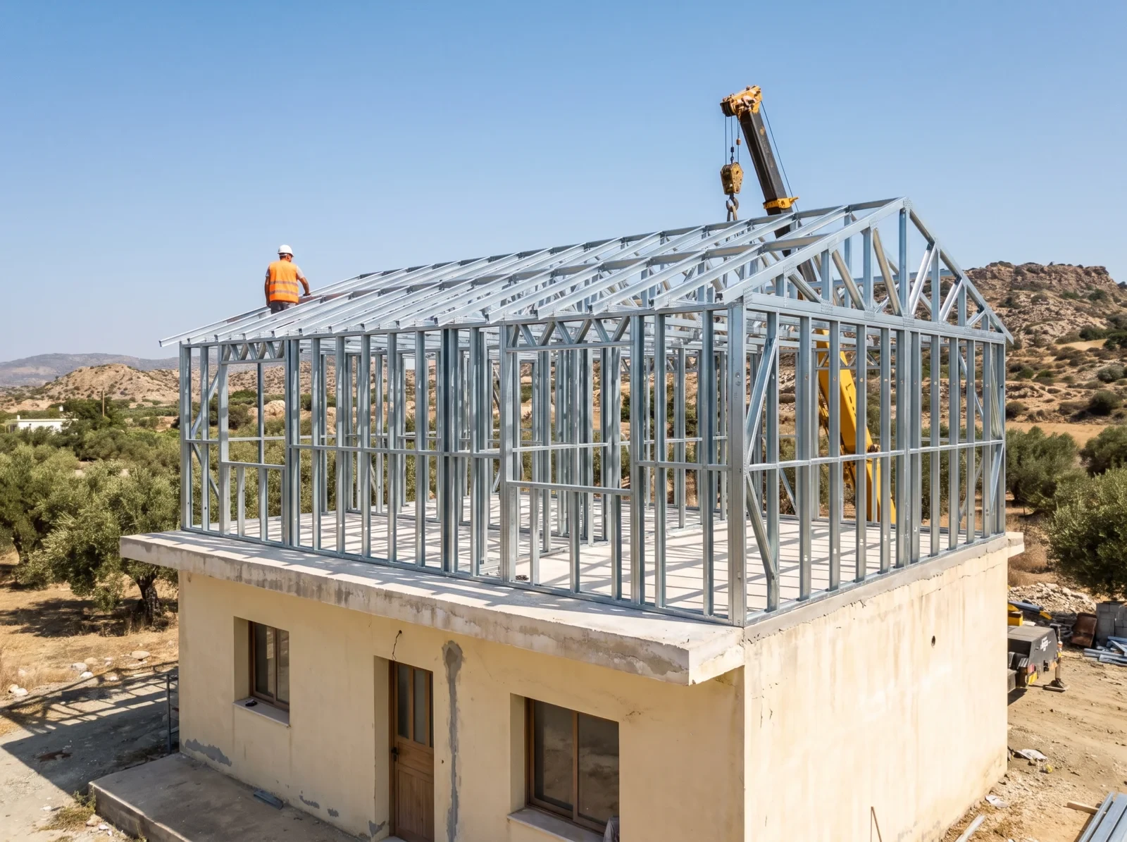 שלד פלדה לקומה עליונה חדשה שהוקם מעל בית קיים
