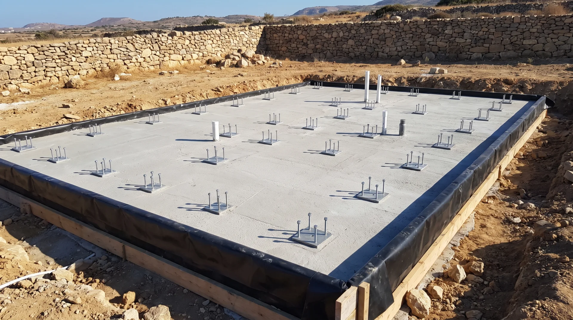 משטח יסוד מבטון עם ברגי עיגון יצוקים, מוכן לשלד פלדה
