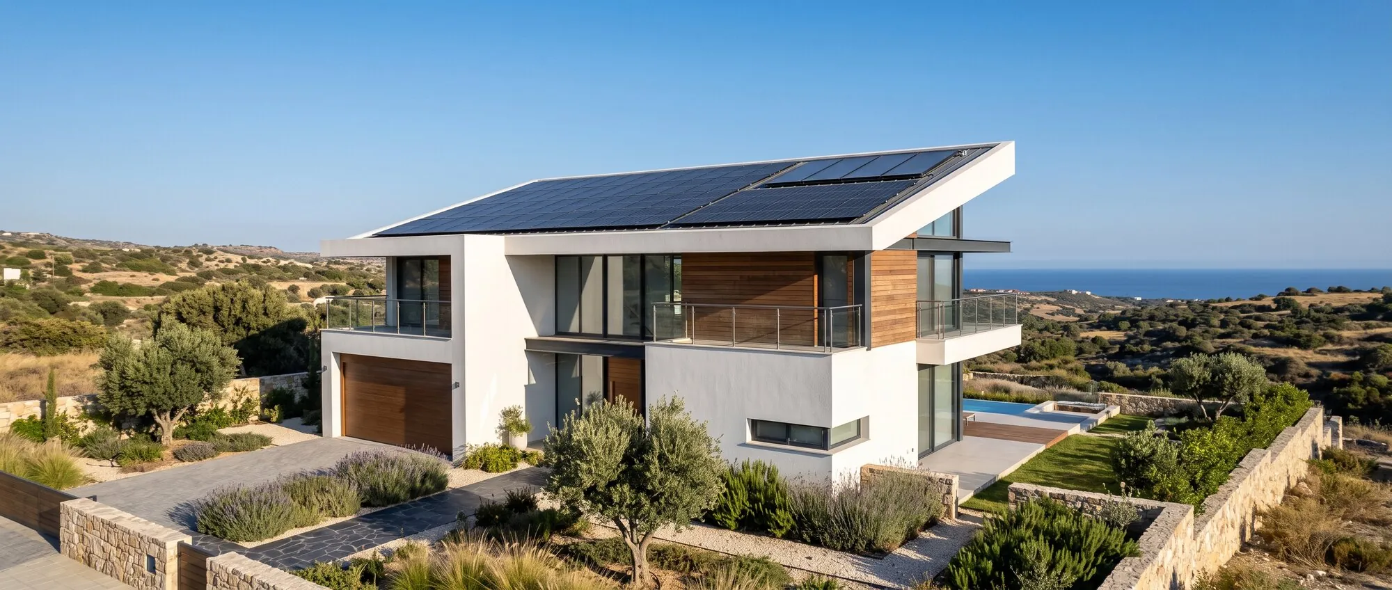 Modern home with solar panels and sea view (visualisation)