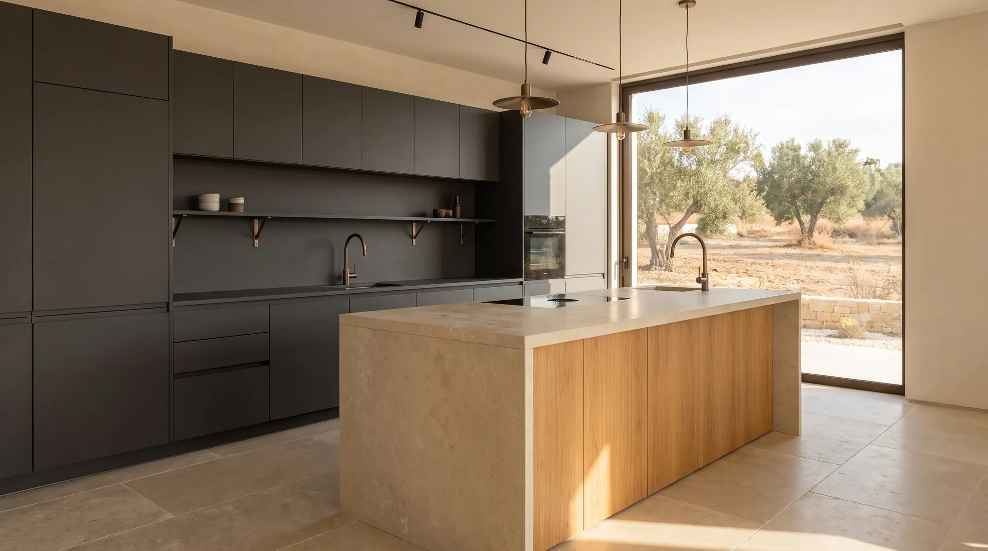 Kitchen with island and garden view