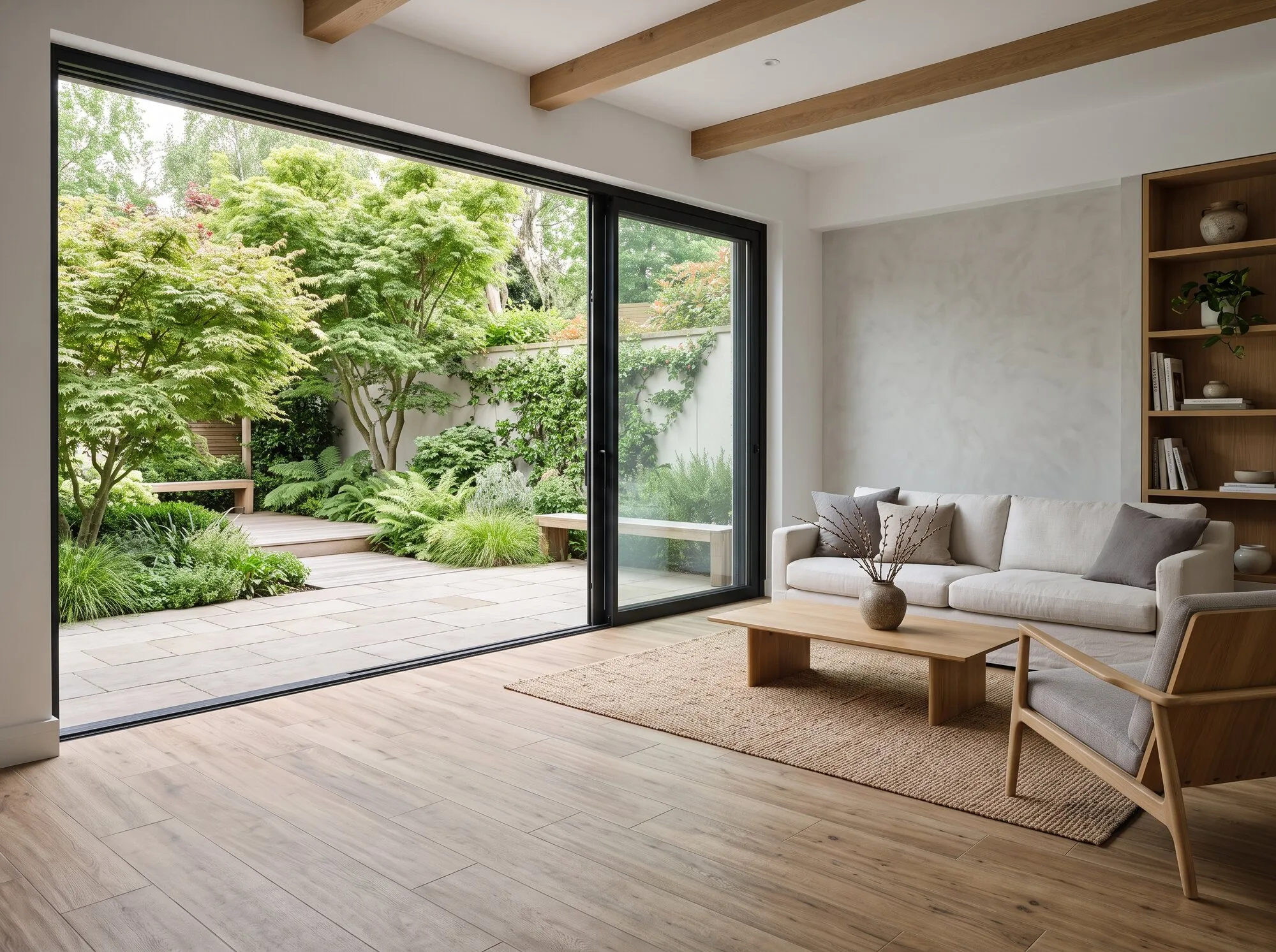 Living room opening onto a garden