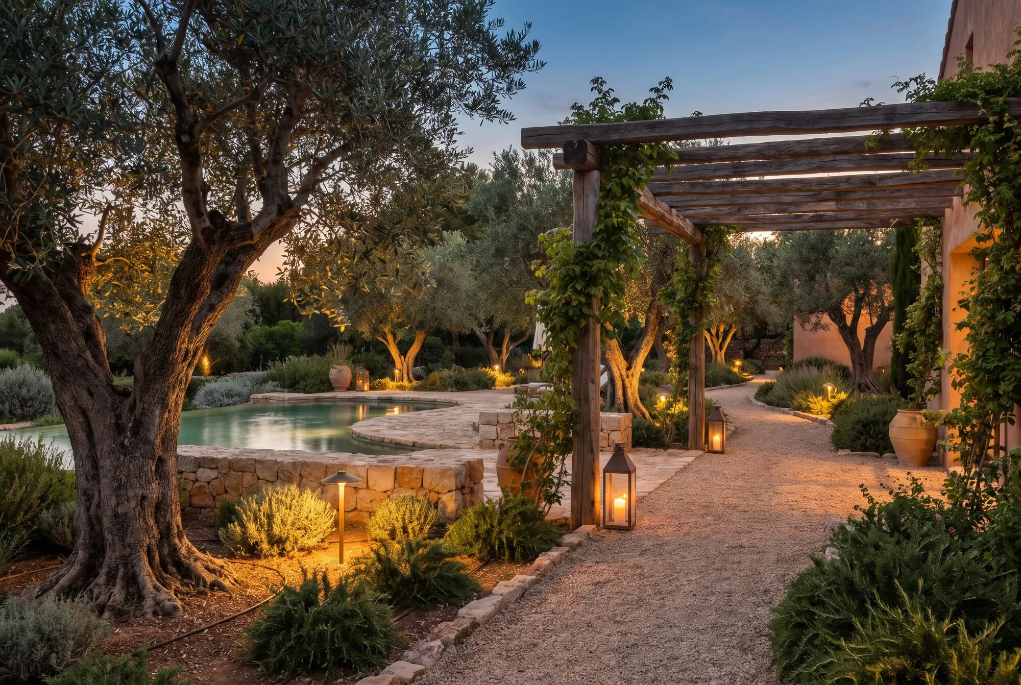 Garden with pergola and lighting at evening