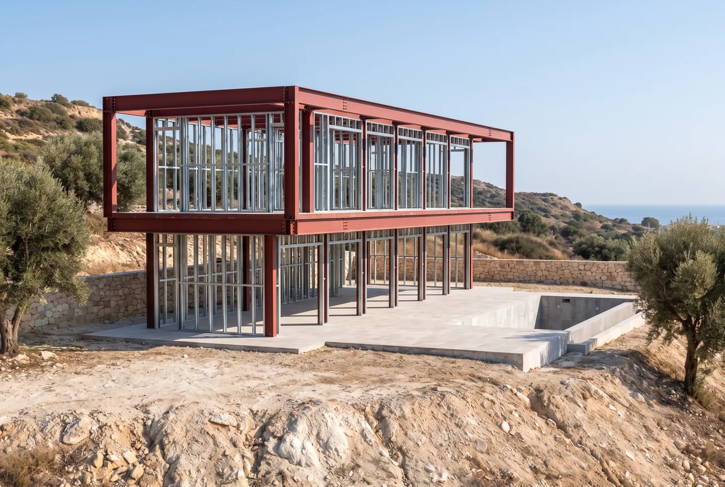 The steel frame of the same house, bolted together on its base (visualisation)