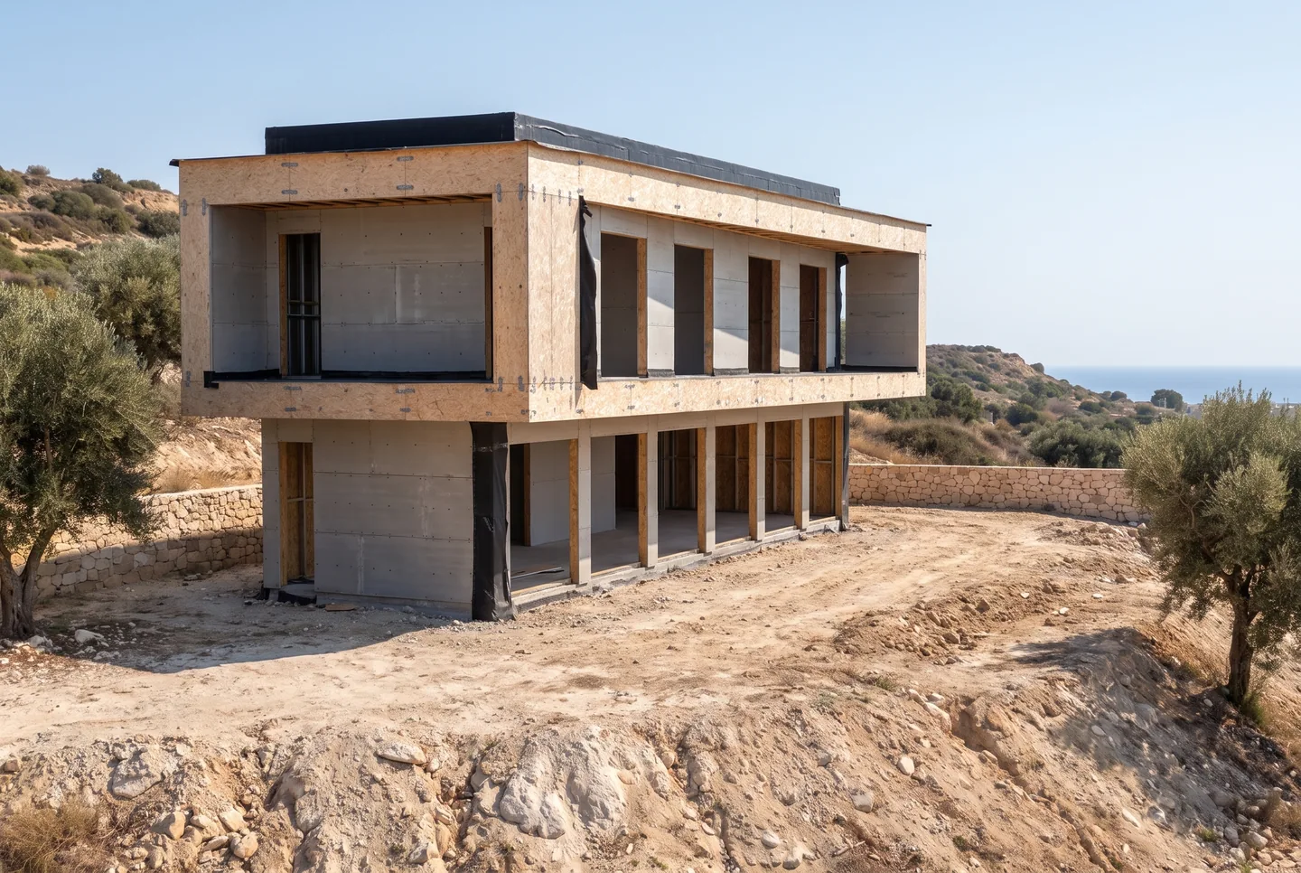 The same house closed in with boards, membranes and roof (visualisation)