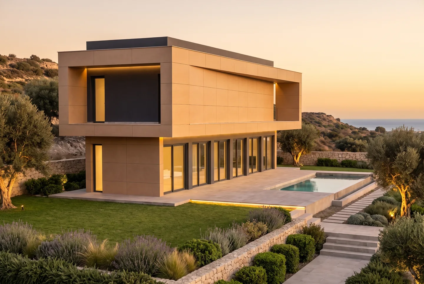The same house completed, with its terrace and pool (visualisation)