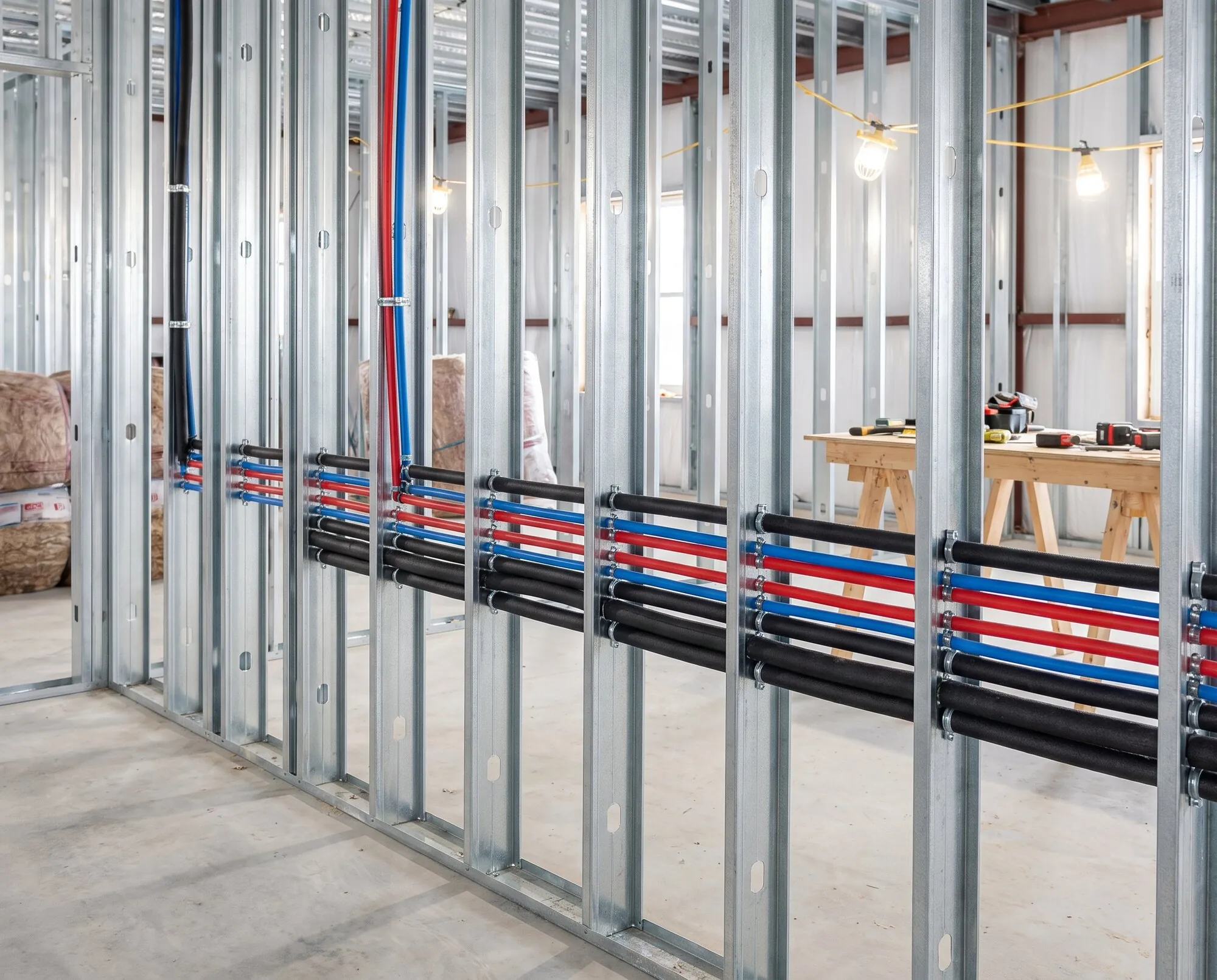 Pipes running through a steel stud wall