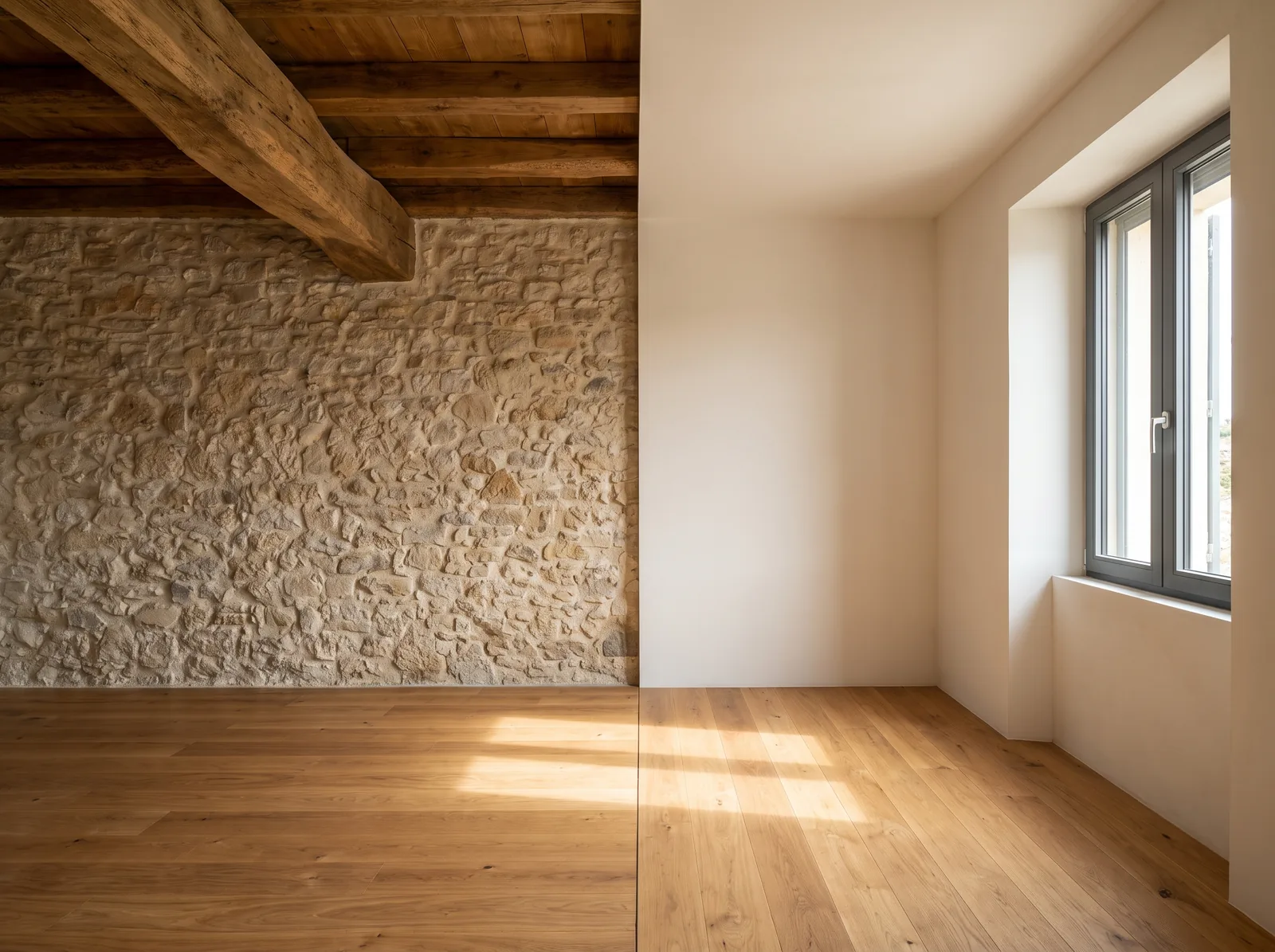 הדמיה של שיפוץ פנים שבו קיר אבן מקורי פוגש עבודה חדשה