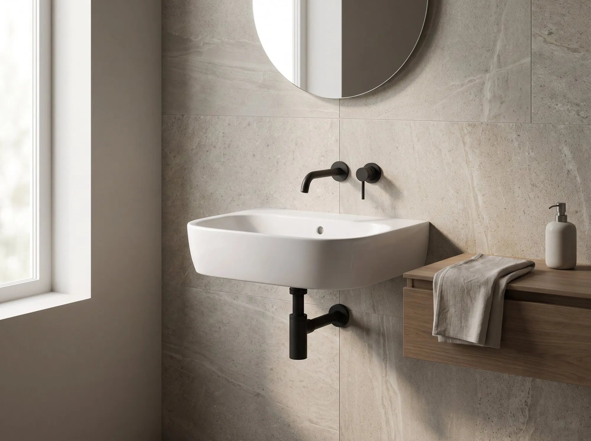 Bathroom basin with stone-look tiles