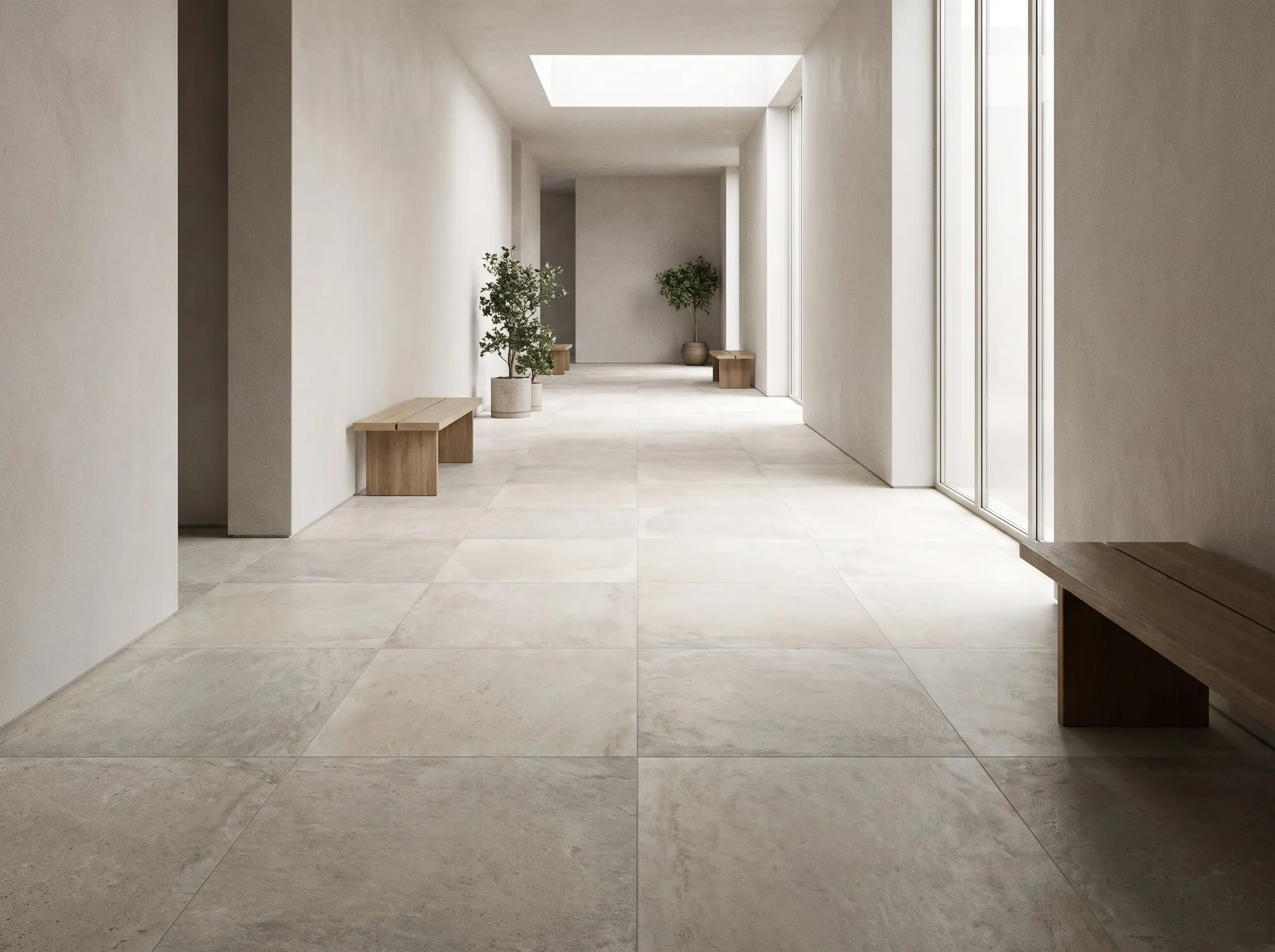 Hallway with large-format floor tiles