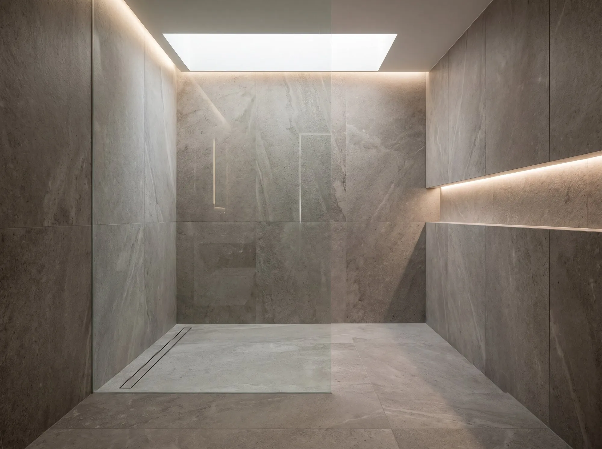 Walk-in shower with large tiles