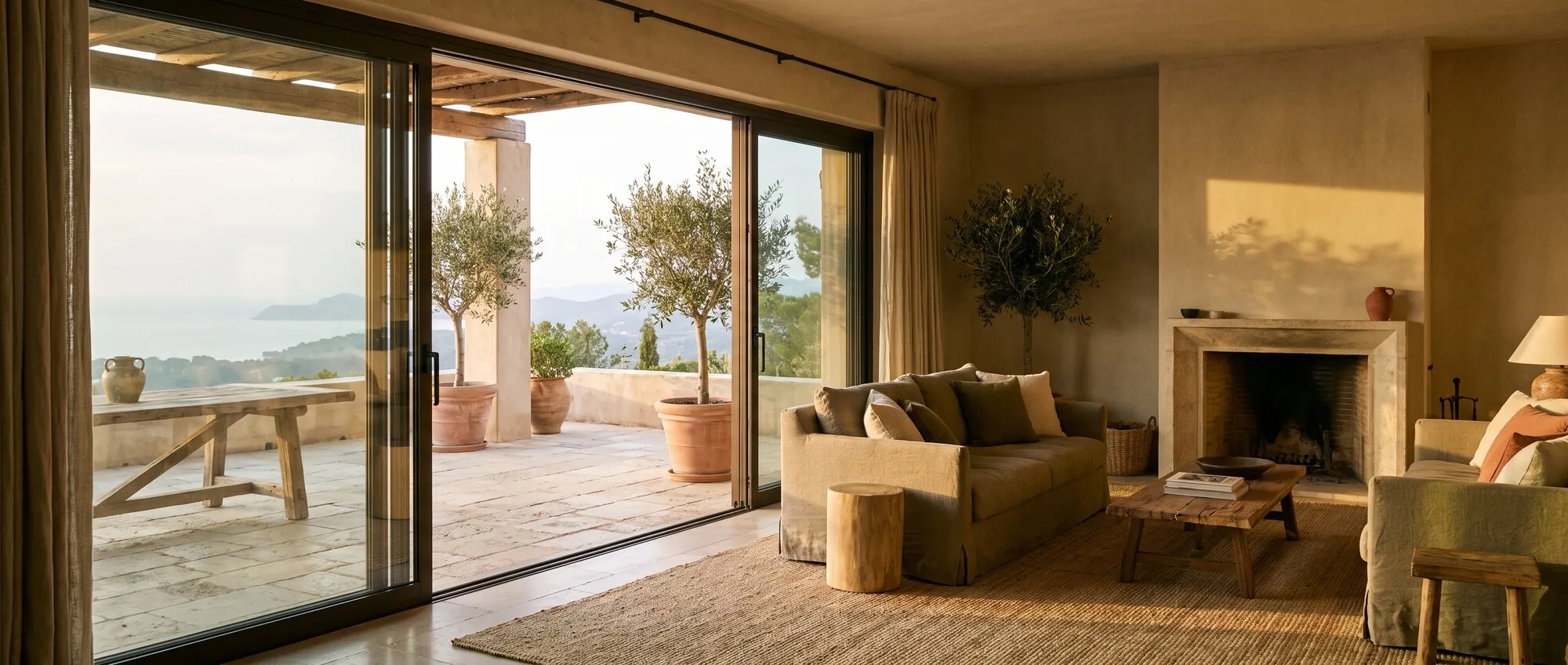 Living room with large aluminium sliding doors