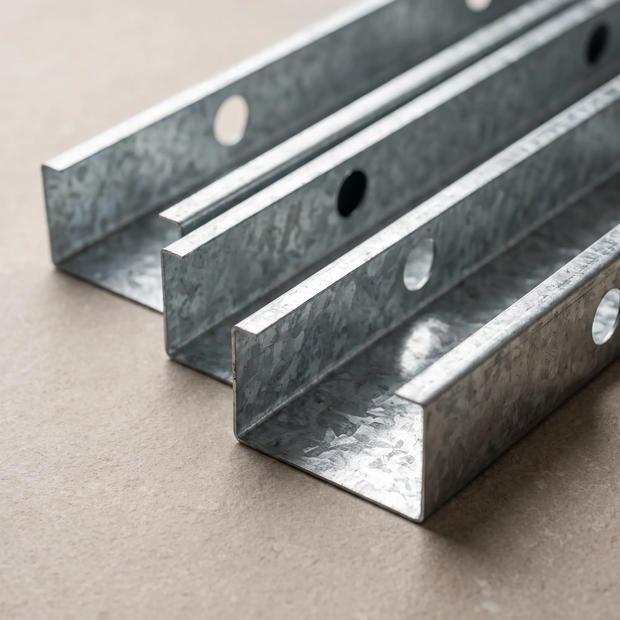Galvanized steel C-profiles with pre-punched service holes