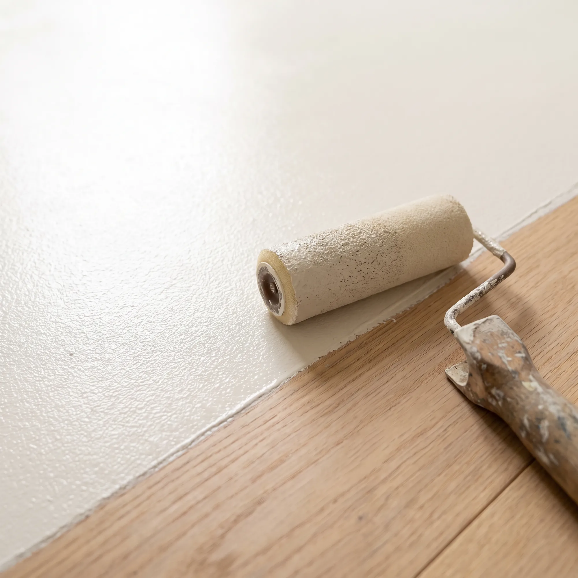 Wall finished in matt water-based paint above a timber floor