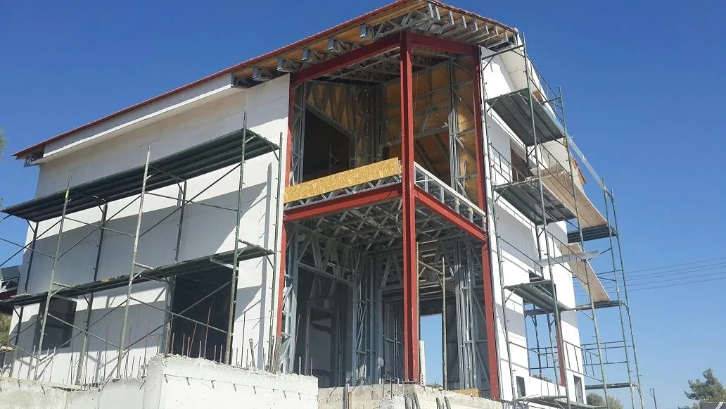 Pitched roof frame viewed during construction